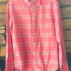 Gap button down linen blend coral plaid shirt